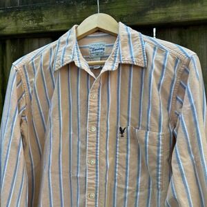 Vintage 90s U.S. Expedition Striped Button‎ Down Shirt Butter Yellow Blue Medium